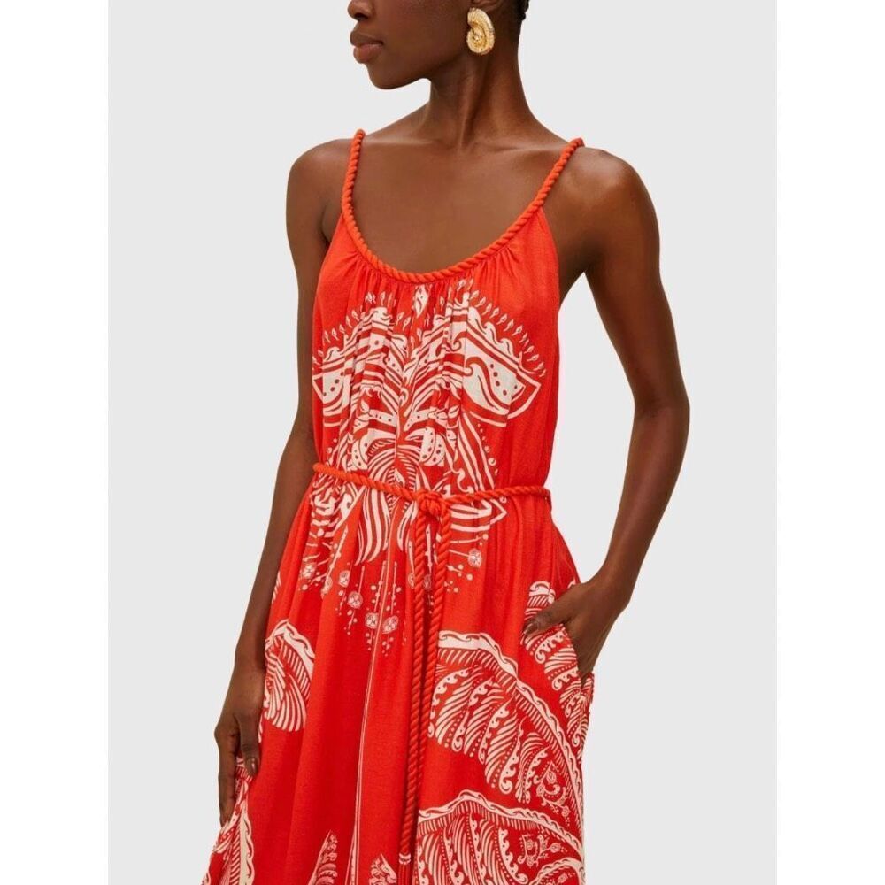 Farm Rio NWT Majestic Coconut Tree Maxi Dress Medium Red Linen Blend Tropical - Picture 2 of 9